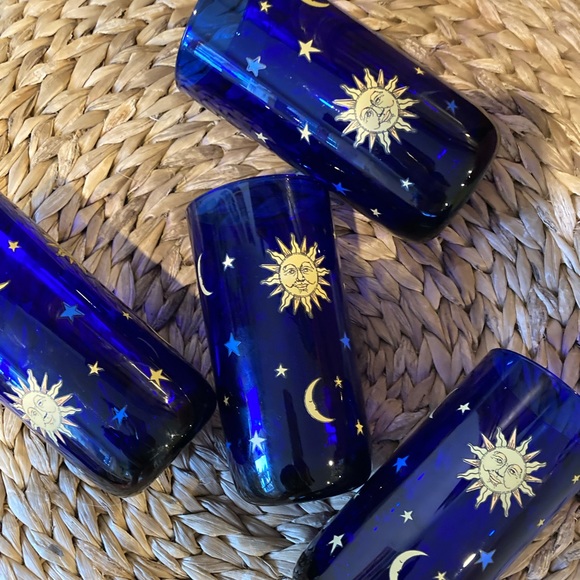 RARE Vintage Libbey Cobalt Blue Celestial Tumblers Sun Moon Stars Glass set of 4 - Picture 9 of 12